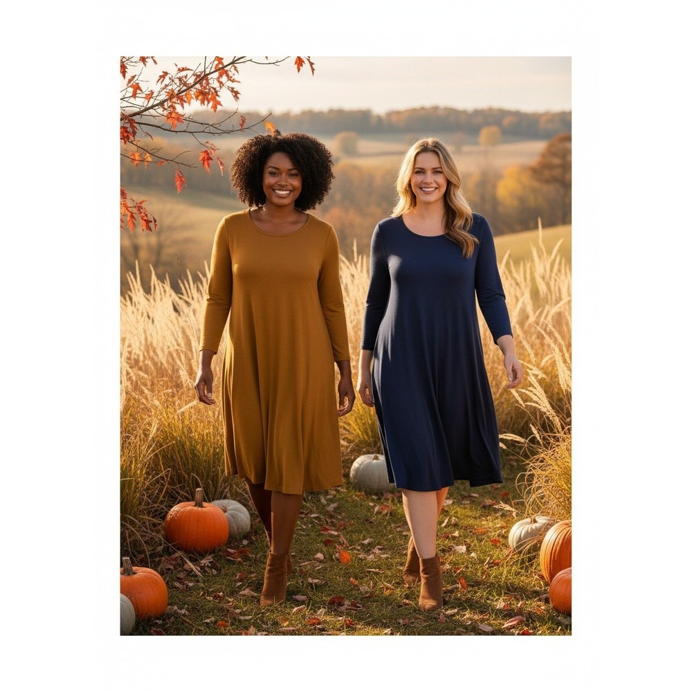 Zenana Premium 3/4 Sleeve Swing Dress Bundle Mustard Tan Navy Blue XL 2X Pockets